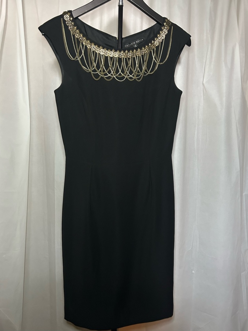 ANTONIO MELANI Black Midi Dress with Gold Chain Neckline